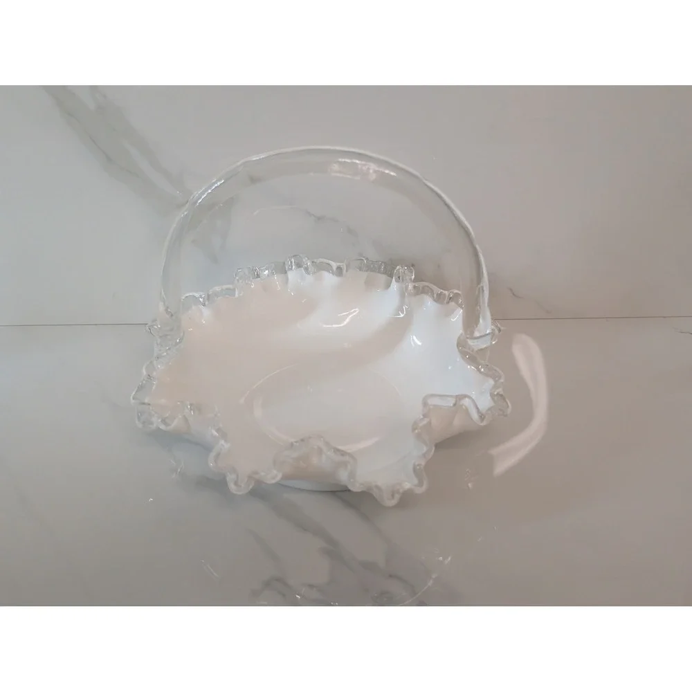 Fenton Milk Glass Basket White Silver Crest Ruffled Edge Clear Bamboo Handle